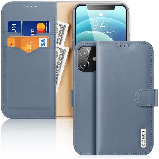 Dux Ducis - iPhone 12 Mini Flip Wallet Schutzhülle Hivo Series Echtleder Case - Blau - Pazzar.ch