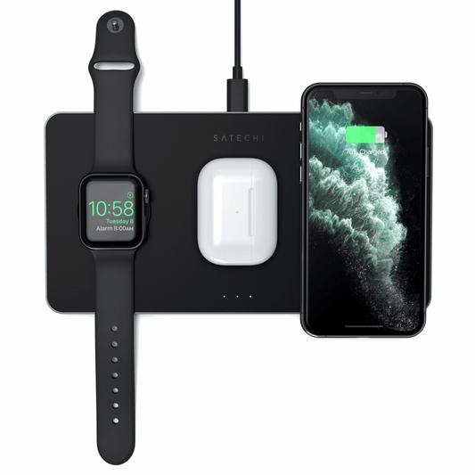 Satechi - Trio Qi Wireless Ladegerät für Aufladen der Apple Watch, AirPods & Qi-kompatiblen iPhones/Smartphones - Schwarz - Pazzar.ch