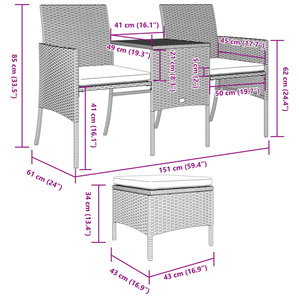 2-Sitzer-Gartensofa mit Tisch & Hocker Poly Rattan Braun