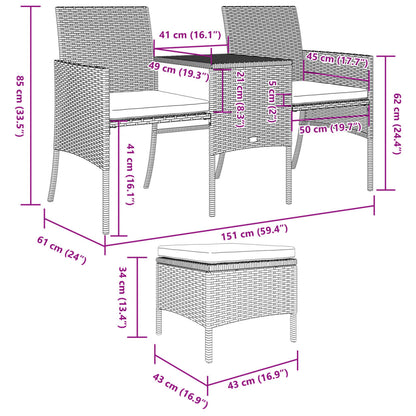 2-Sitzer-Gartensofa mit Tisch & Hocker Poly Rattan Braun - Pazzar.ch