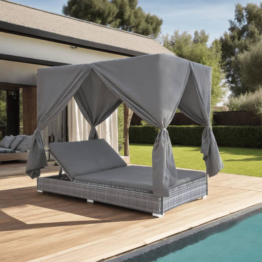 Outdoor-Lounge-Bett mit Vorhängen Poly Rattan Grau - Pazzar.ch