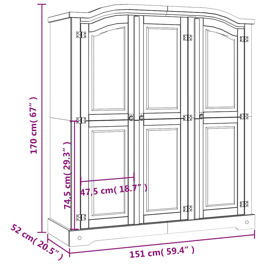 Kleiderschrank Mexiko-Stil Kiefernholz 3 Türen Weiß