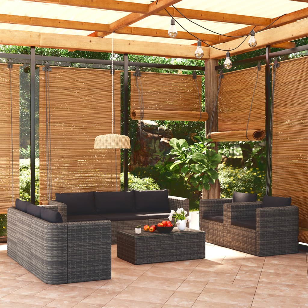 9-tlg. Garten-Lounge-Set mit Kissen Poly Rattan Grau