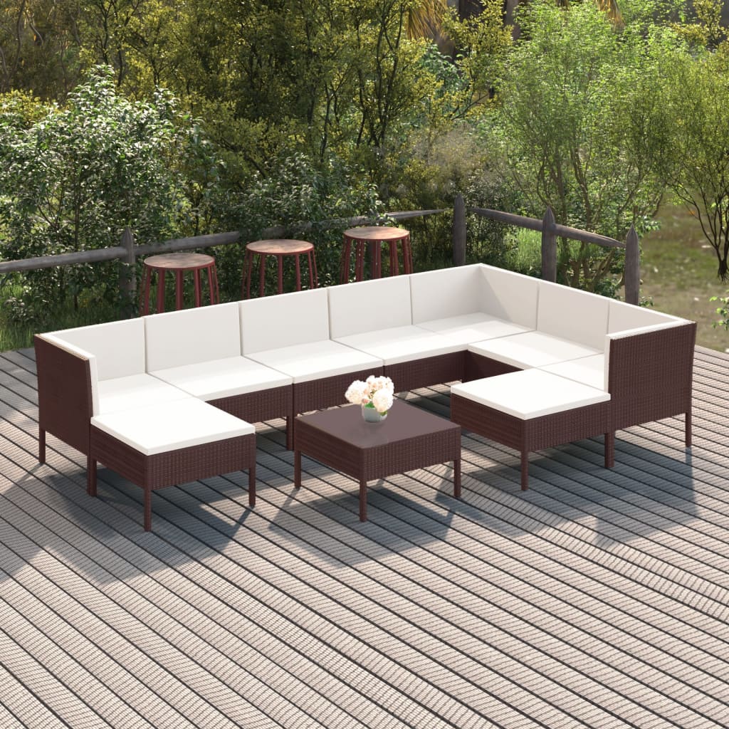 10-tlg. Garten-Lounge-Set mit Auflagen Poly Rattan Braun