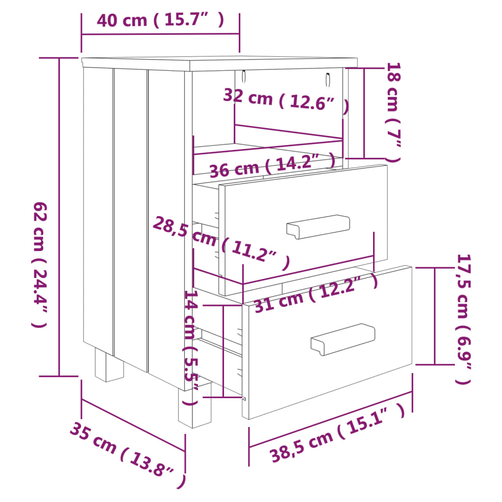 Nachttische HAMAR 2 Stk. Hellgrau 40x35x62 cm Massivholz - Pazzar.ch