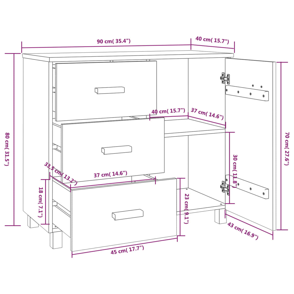 Sideboard HAMAR Honigbraun 90x40x80 cm Massivholz Kiefer - Pazzar.ch