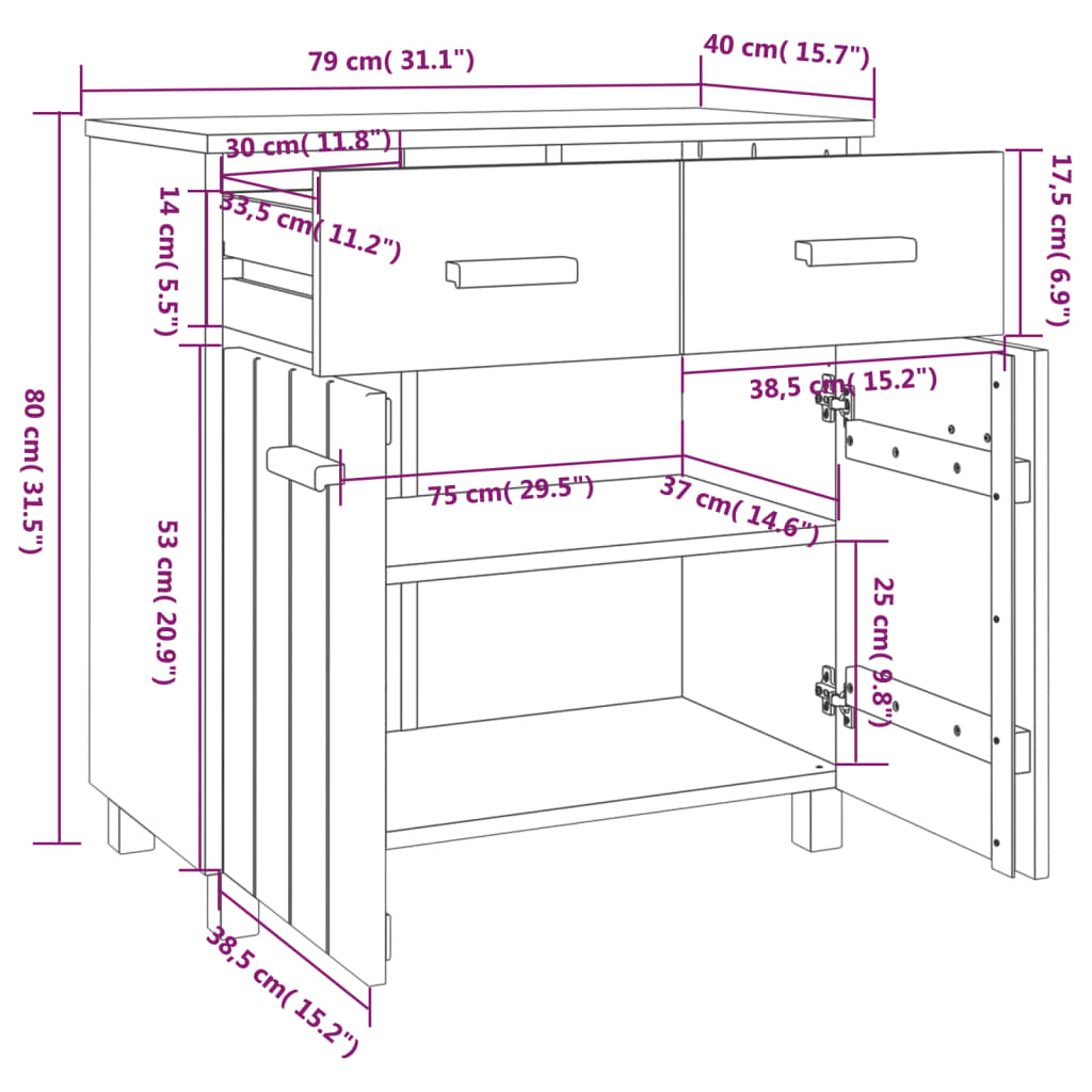 Sideboard HAMAR Honigbraun 79x40x80 cm Massivholz Kiefer - Pazzar.ch