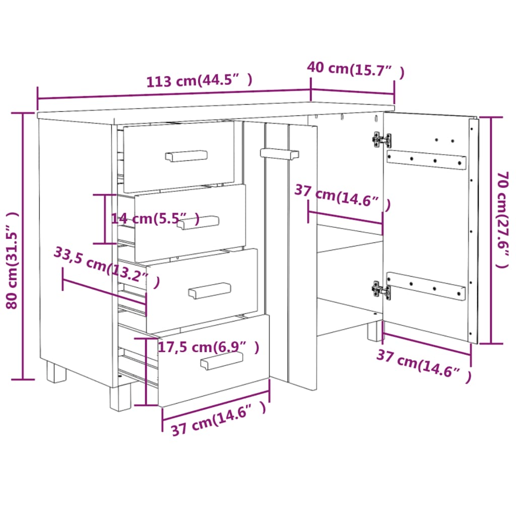 Sideboard HAMAR Honigbraun 113x40x80 cm Massivholz Kiefer - Pazzar.ch