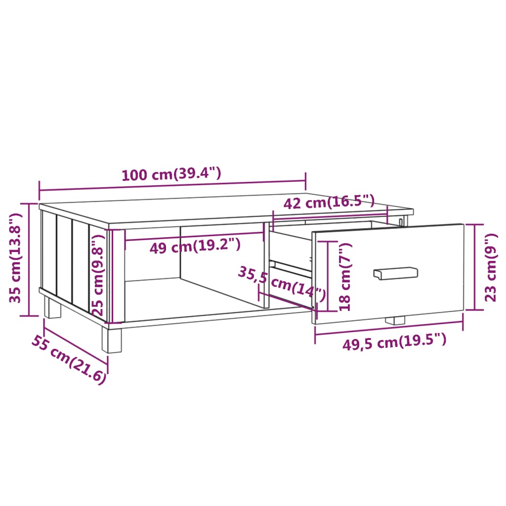 Couchtisch HAMAR Hellgrau 100x55x35 cm Massivholz Kiefer - Pazzar.ch