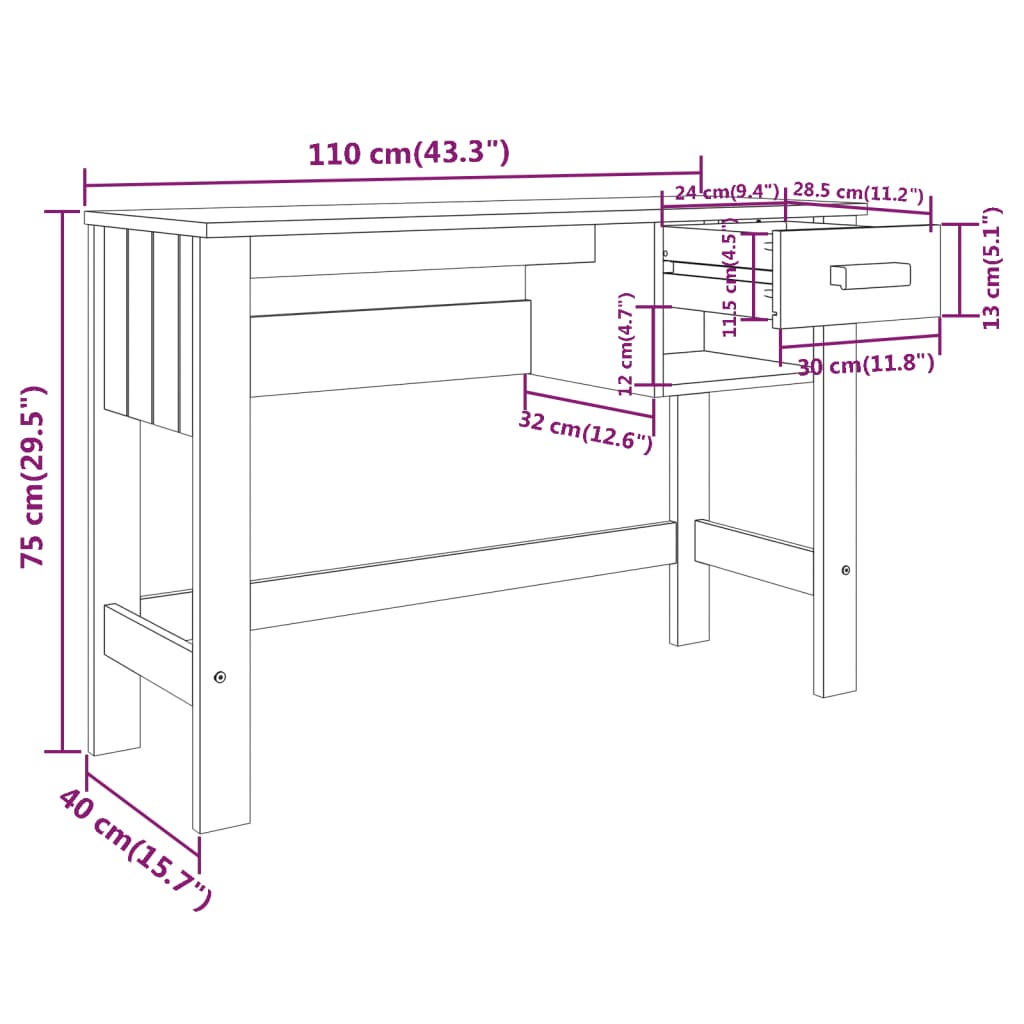 Schreibtisch HAMAR Honigbraun 110x40x75 cm Massivholz Kiefer