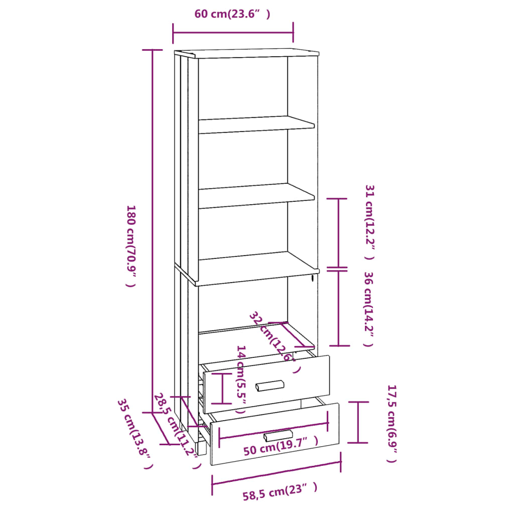 Highboard HAMAR Honigbraun 60x35x180 cm Massivholz Kiefer - Pazzar.ch