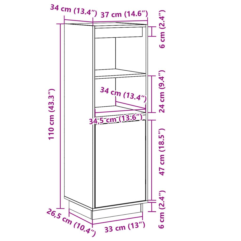 Highboard Grau 37x34x110 cm Massivholz Kiefer