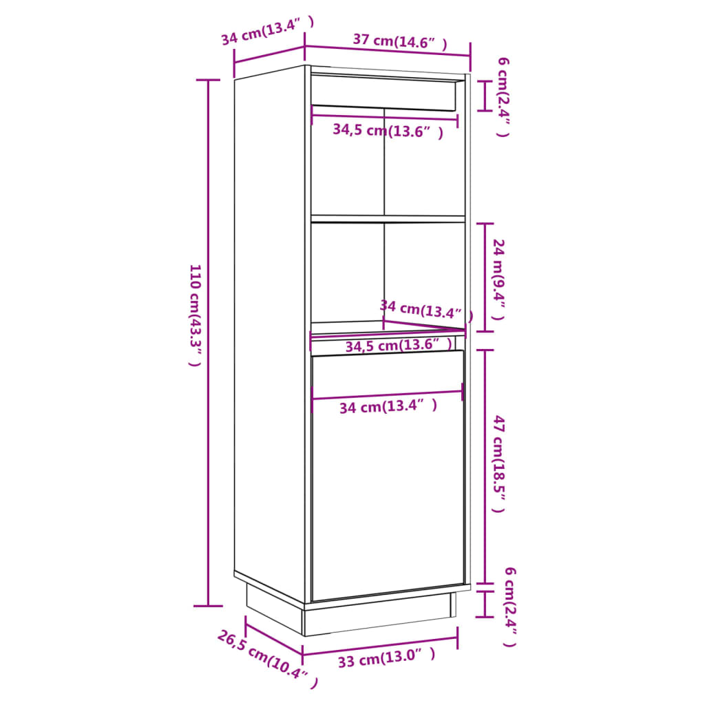 Highboard Schwarz 37x34x110 cm Massivholz Kiefer - Pazzar.ch