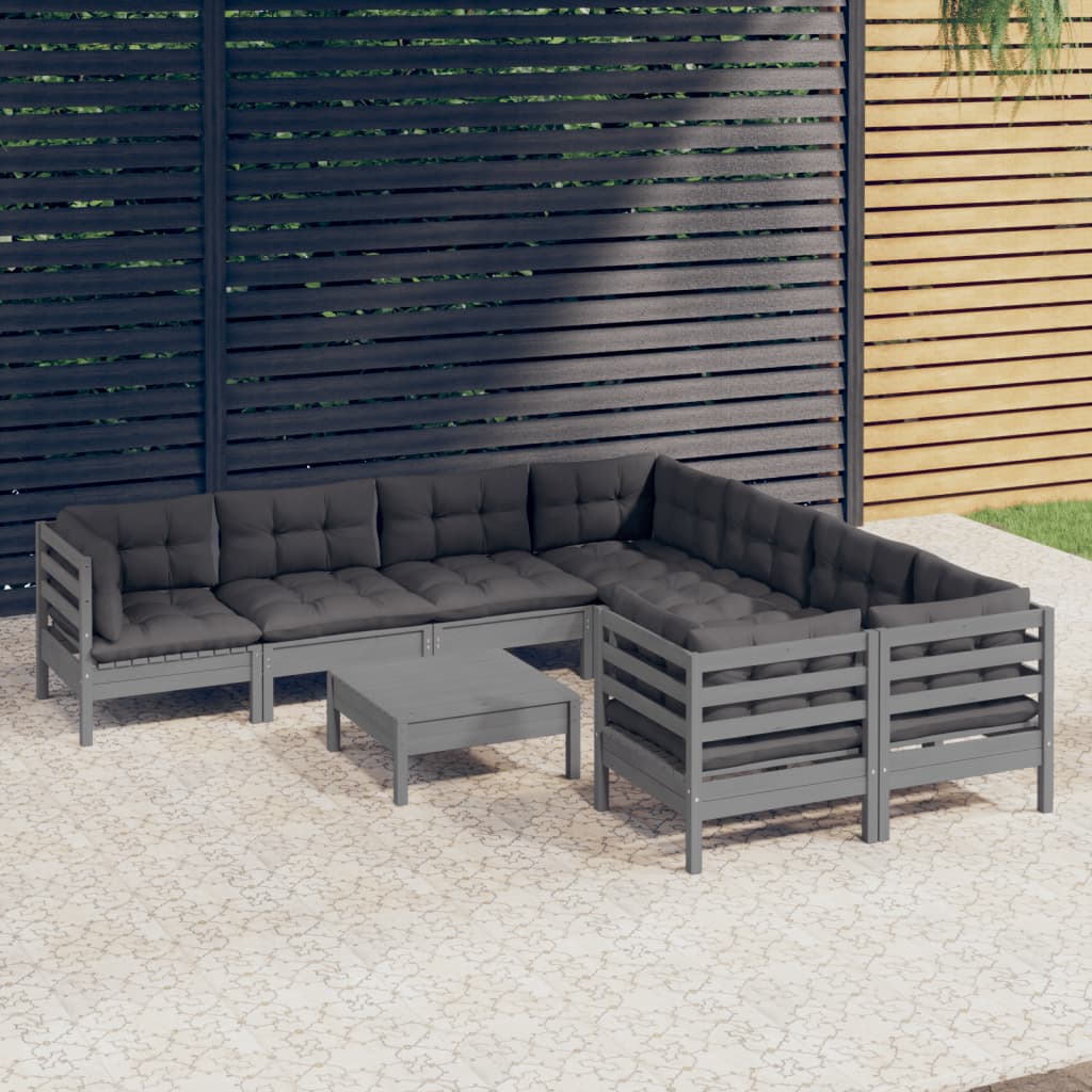 9-tlg. Garten-Lounge-Set mit Kissen Grau Kiefernholz - Pazzar.ch