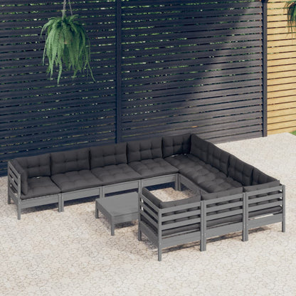 11-tlg. Garten-Lounge-Set mit Kissen Grau Kiefernholz - Pazzar.ch