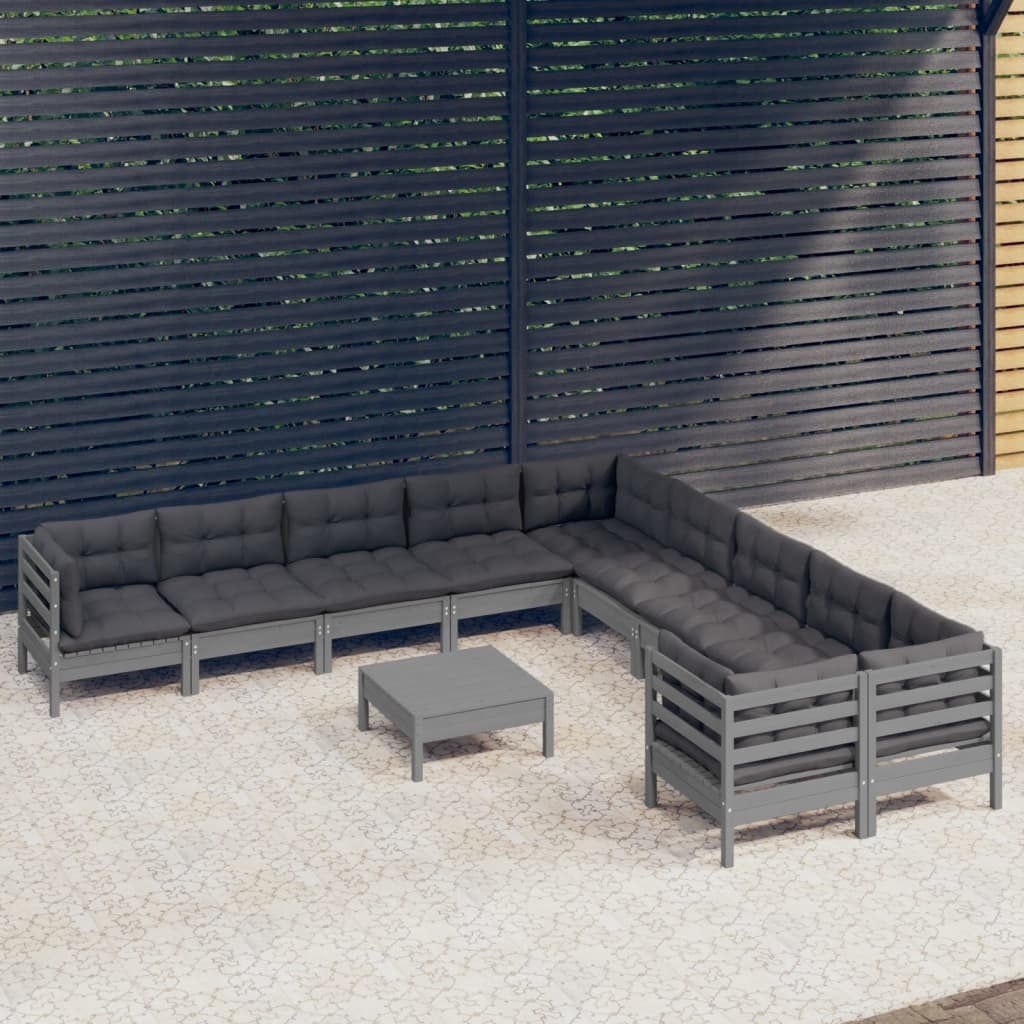 11-tlg. Garten-Lounge-Set mit Kissen Grau Kiefernholz - Pazzar.ch