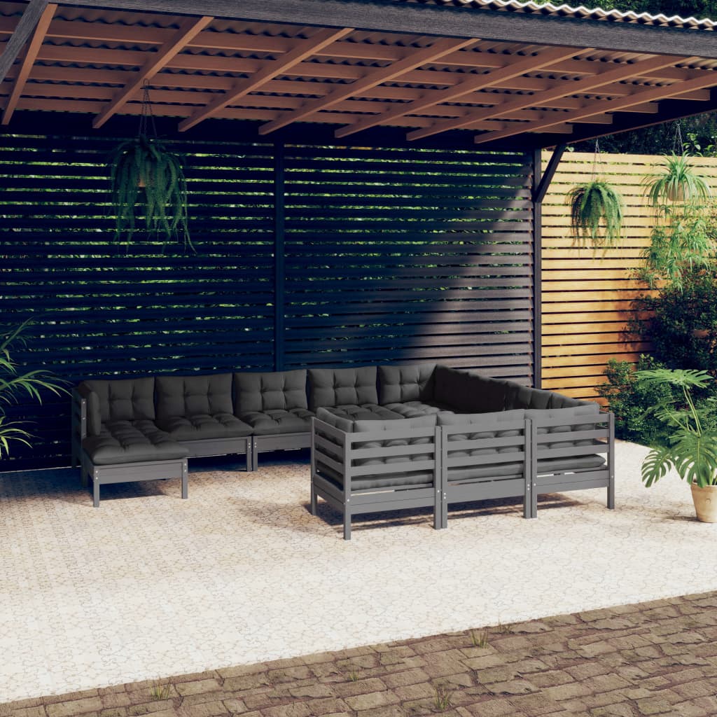 11-tlg. Garten-Lounge-Set mit Kissen Grau Kiefernholz - Pazzar.ch