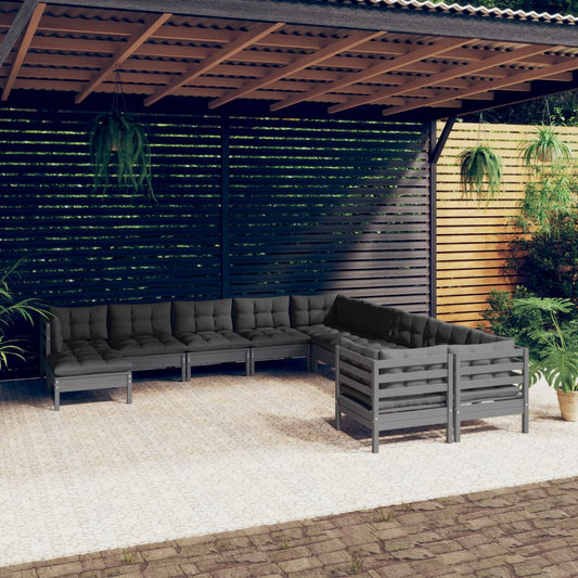 11-tlg. Garten-Lounge-Set mit Kissen Grau Kiefernholz - Pazzar.ch