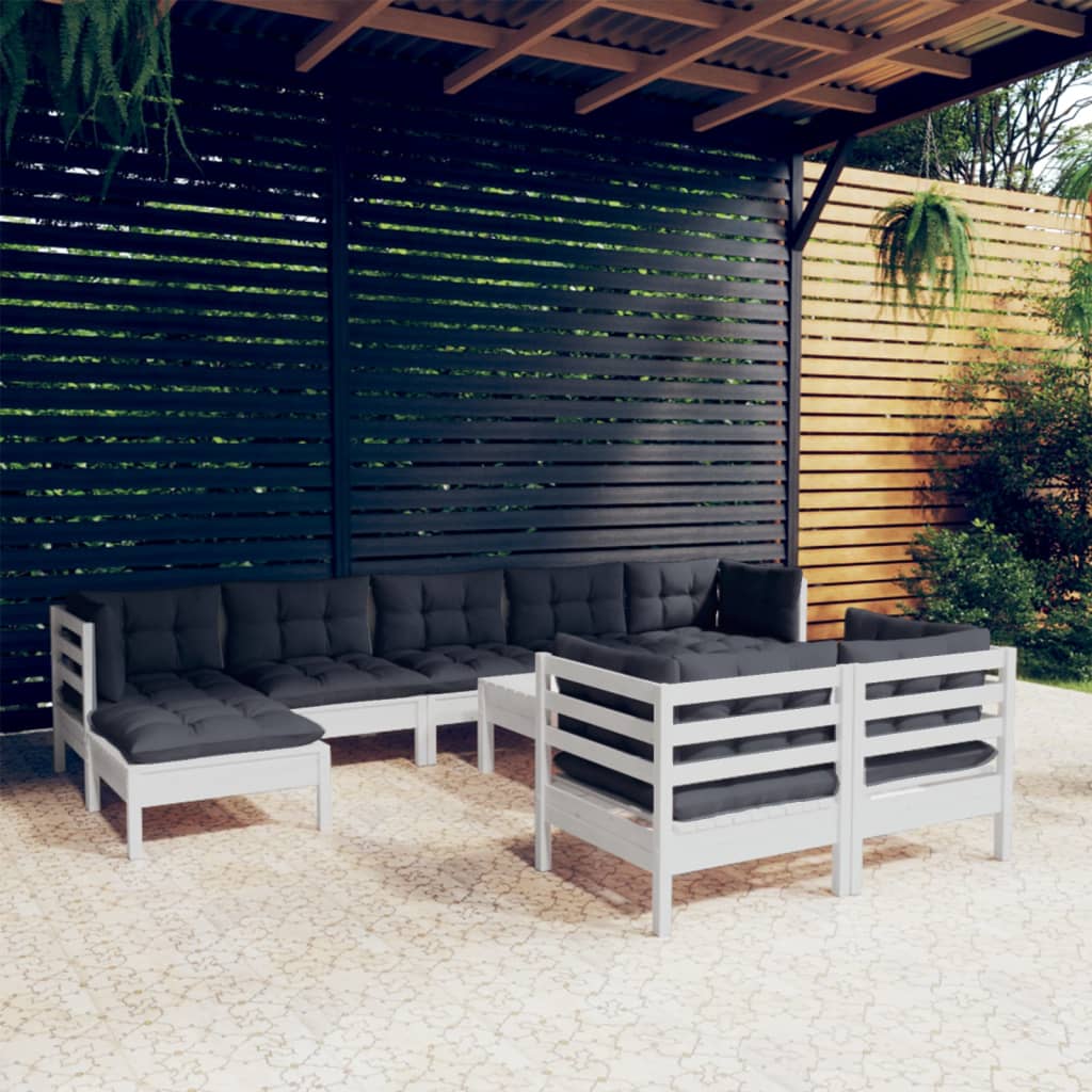 10-tlg. Garten-Lounge-Set mit Kissen Weiß Kiefer Massivholz - Pazzar.ch