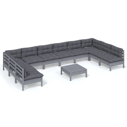 11-tlg. Garten-Lounge-Set mit Kissen Grau Kiefer Massivholz - Pazzar.ch