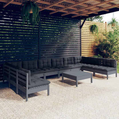 11-tlg. Garten-Lounge-Set mit Kissen Grau Kiefer Massivholz - Pazzar.ch