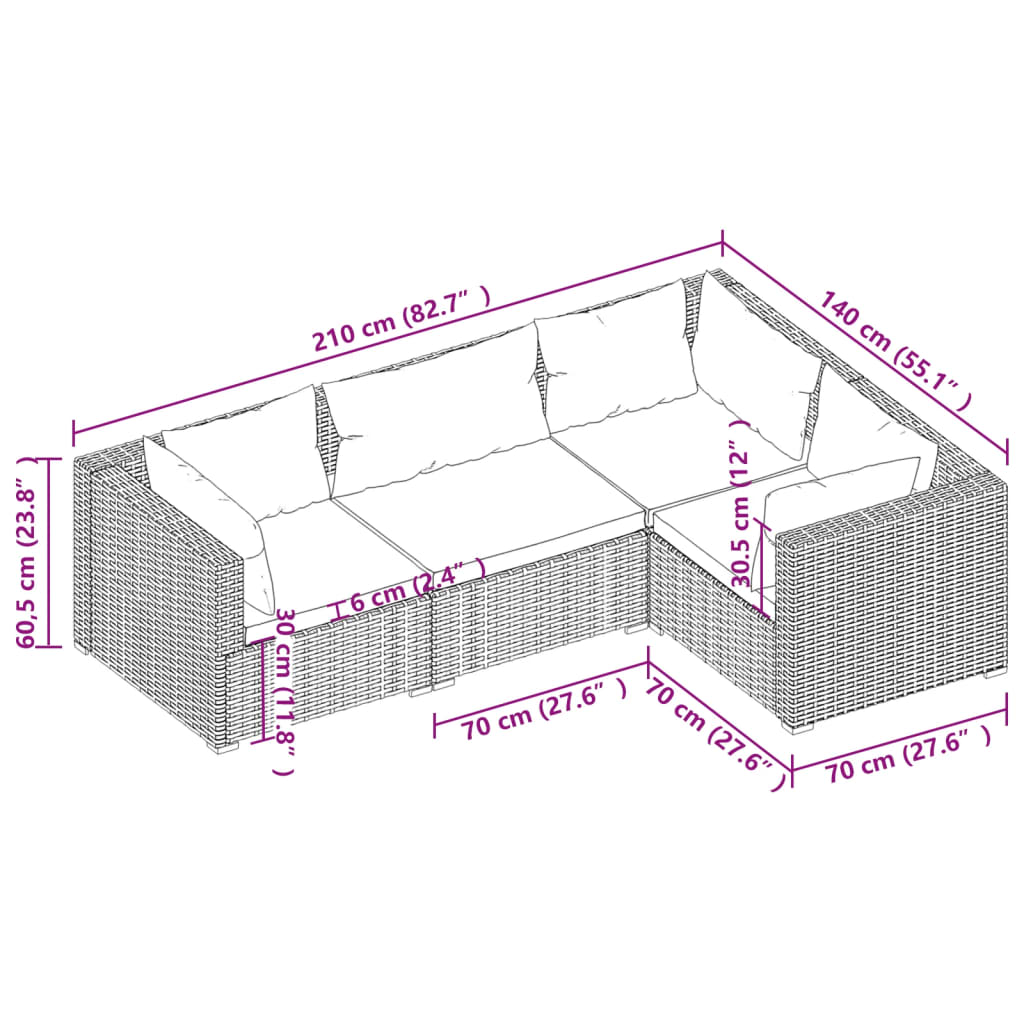 4-tlg. Garten-Lounge-Set mit Kissen Poly Rattan Schwarz