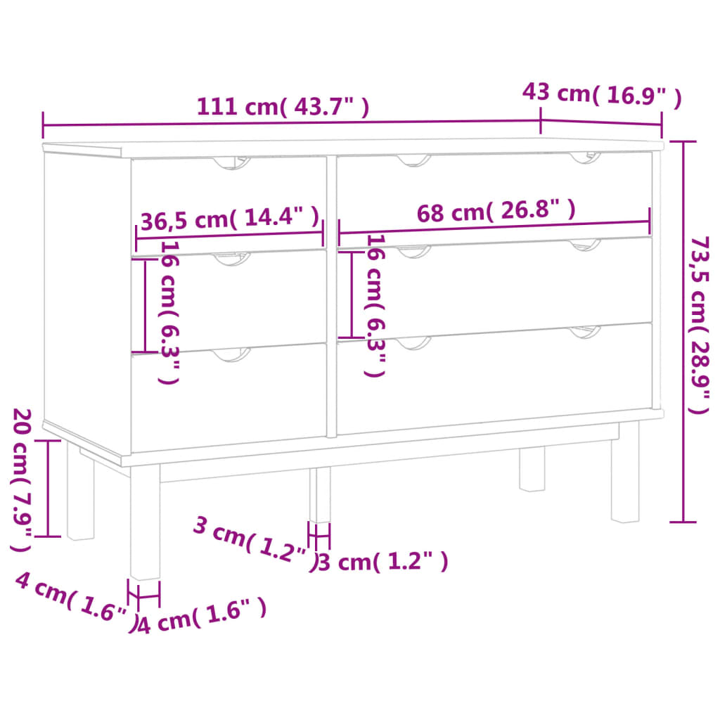 Schubladenschrank OTTA 111x43x73,5 cm Massivholz Kiefer - Pazzar.ch