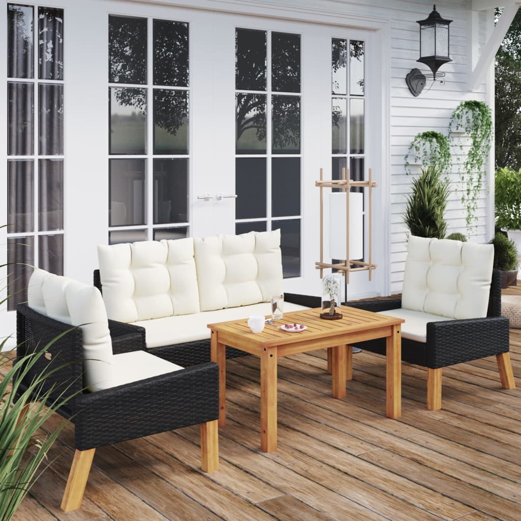 4-tlg. Garten-Lounge-Set mit Kissen Poly Rattan&Massivholz - Pazzar.ch