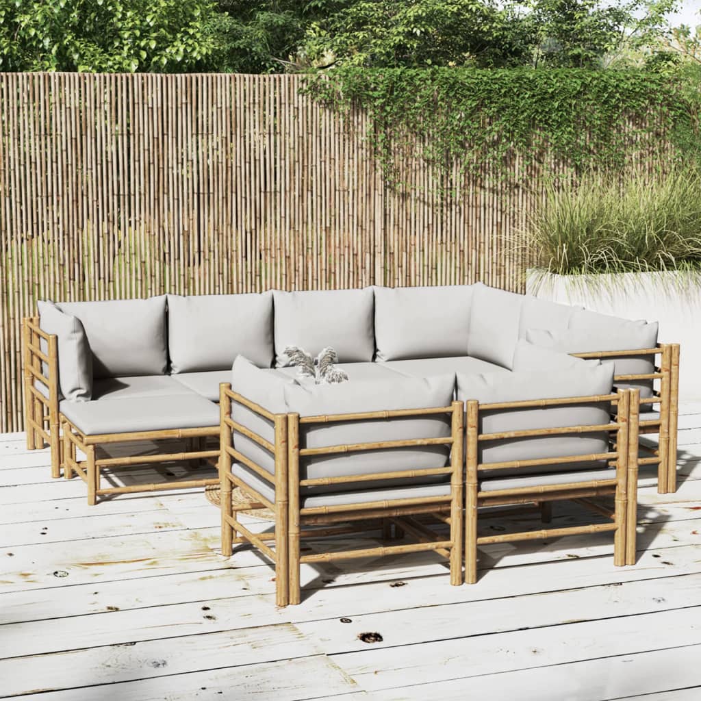 10-tlg. Garten-Lounge-Set mit Hellgrauen Kissen Bambus