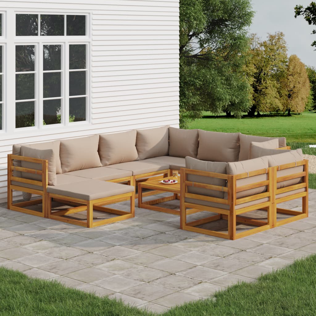 10-tlg. Garten-Lounge-Set mit Taupe Kissen Massivholz