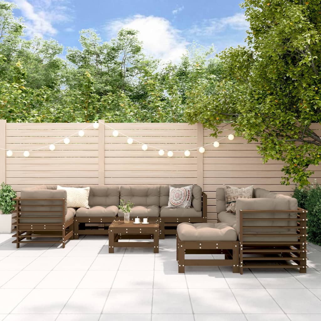 10-tlg. Garten-Lounge-Set mit Kissen Honigbraun Massivholz