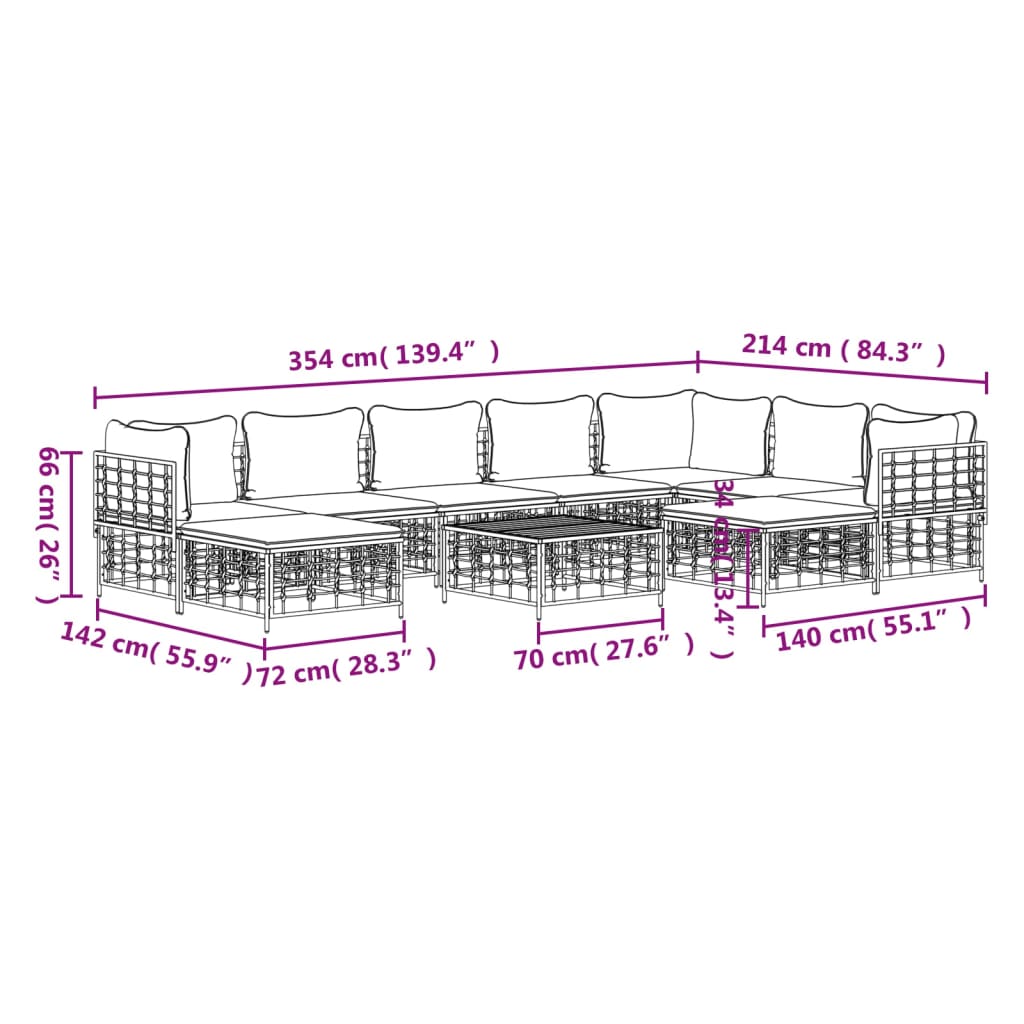 10-tlg. Garten-Lounge-Set mit Kissen Anthrazit Poly Rattan - Pazzar.ch