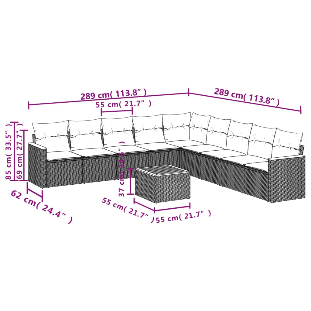 10-tlg. Garten-Sofagarnitur mit Kissen Schwarz Poly Rattan