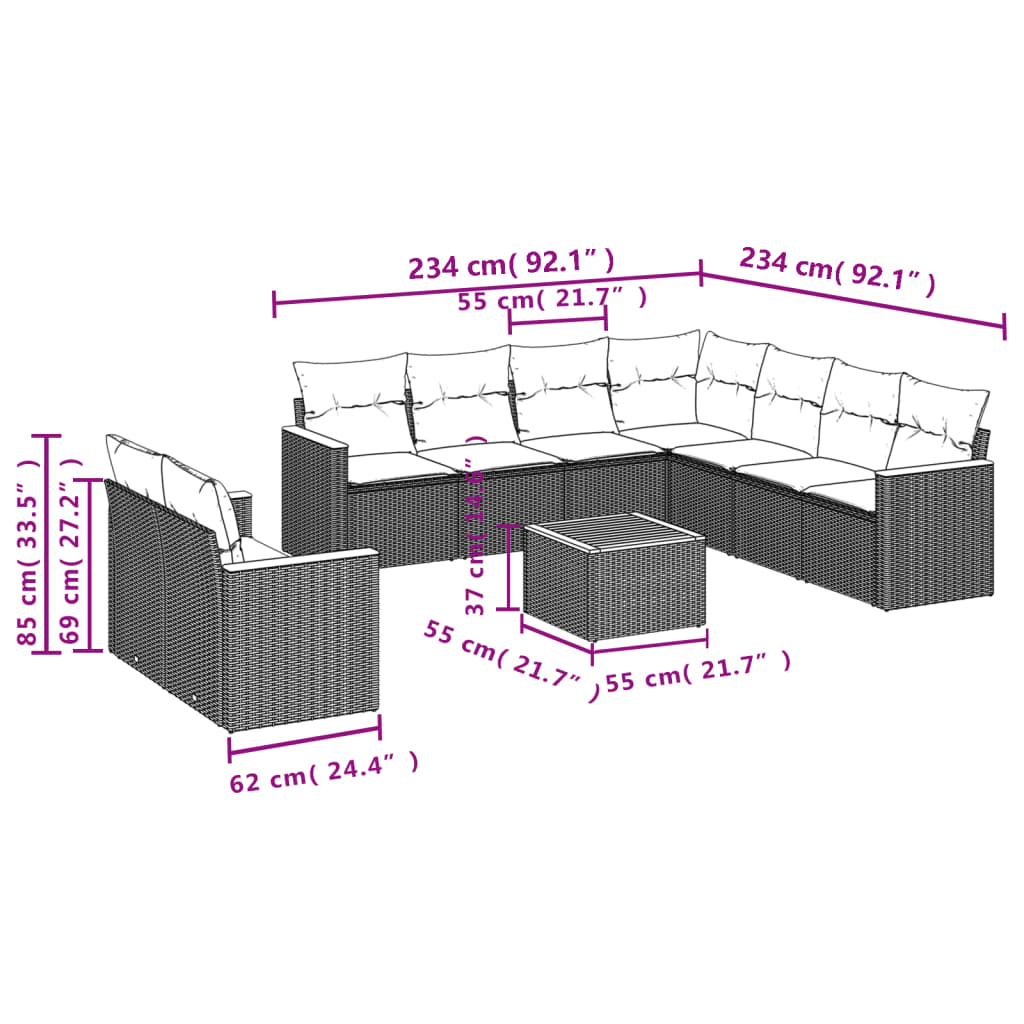 10-tlg. Garten-Sofagarnitur mit Kissen Schwarz Poly Rattan