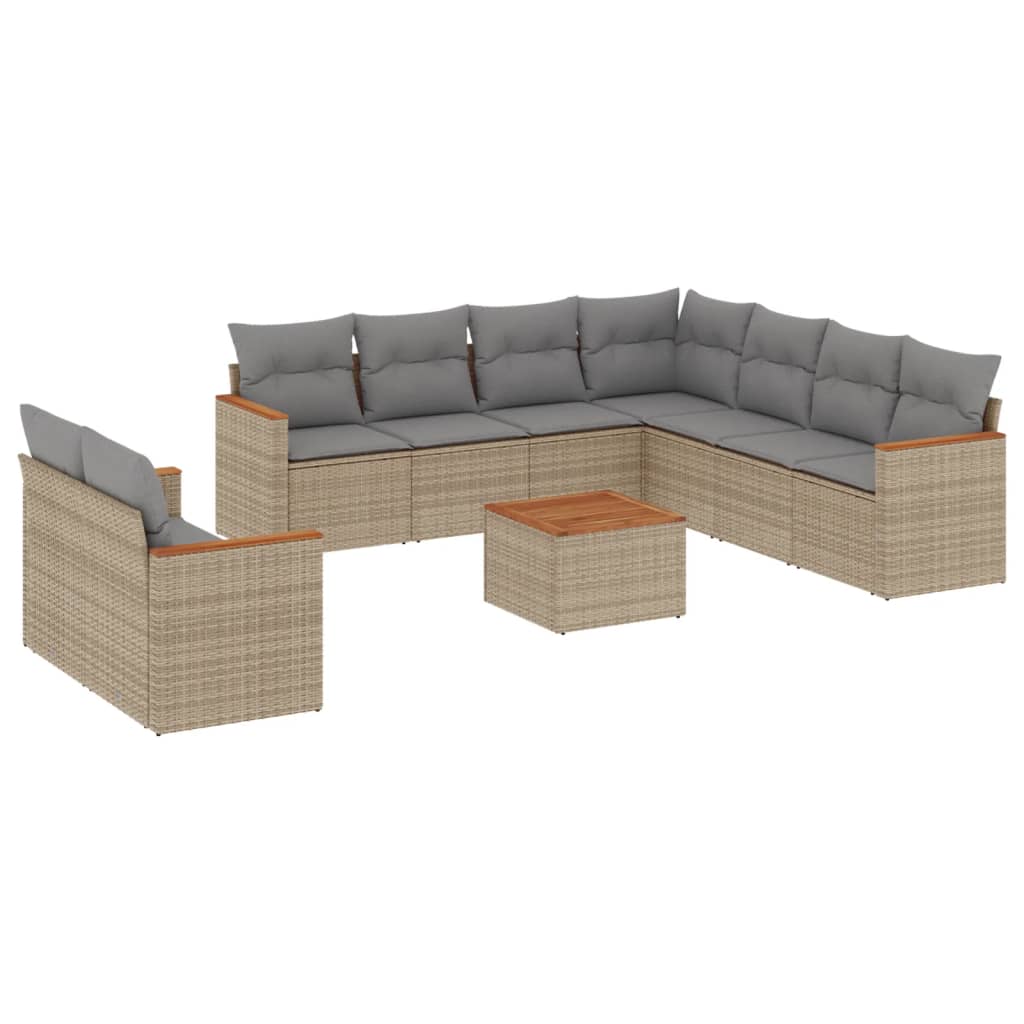 10-tlg. Garten-Sofagarnitur mit Kissen Beige Poly Rattan