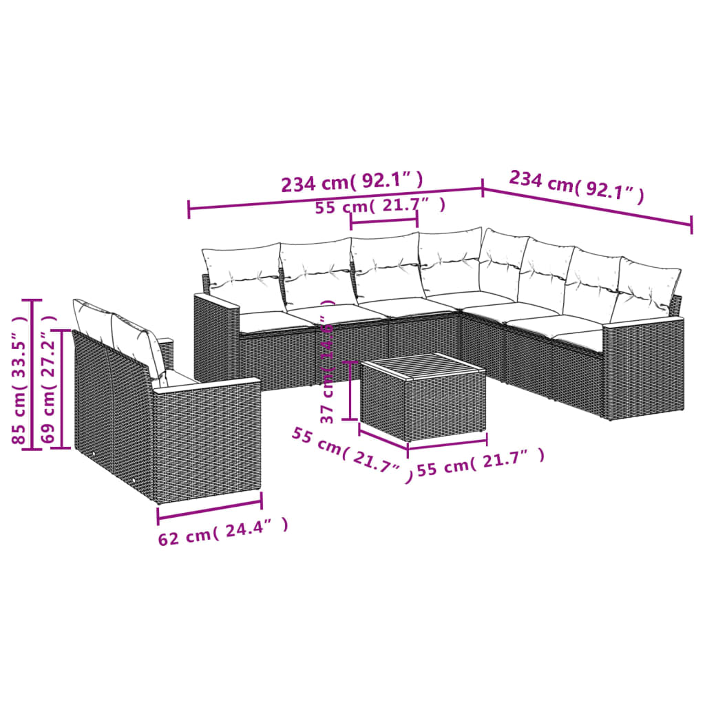 10-tlg. Garten-Sofagarnitur mit Kissen Beige Poly Rattan - Pazzar.ch