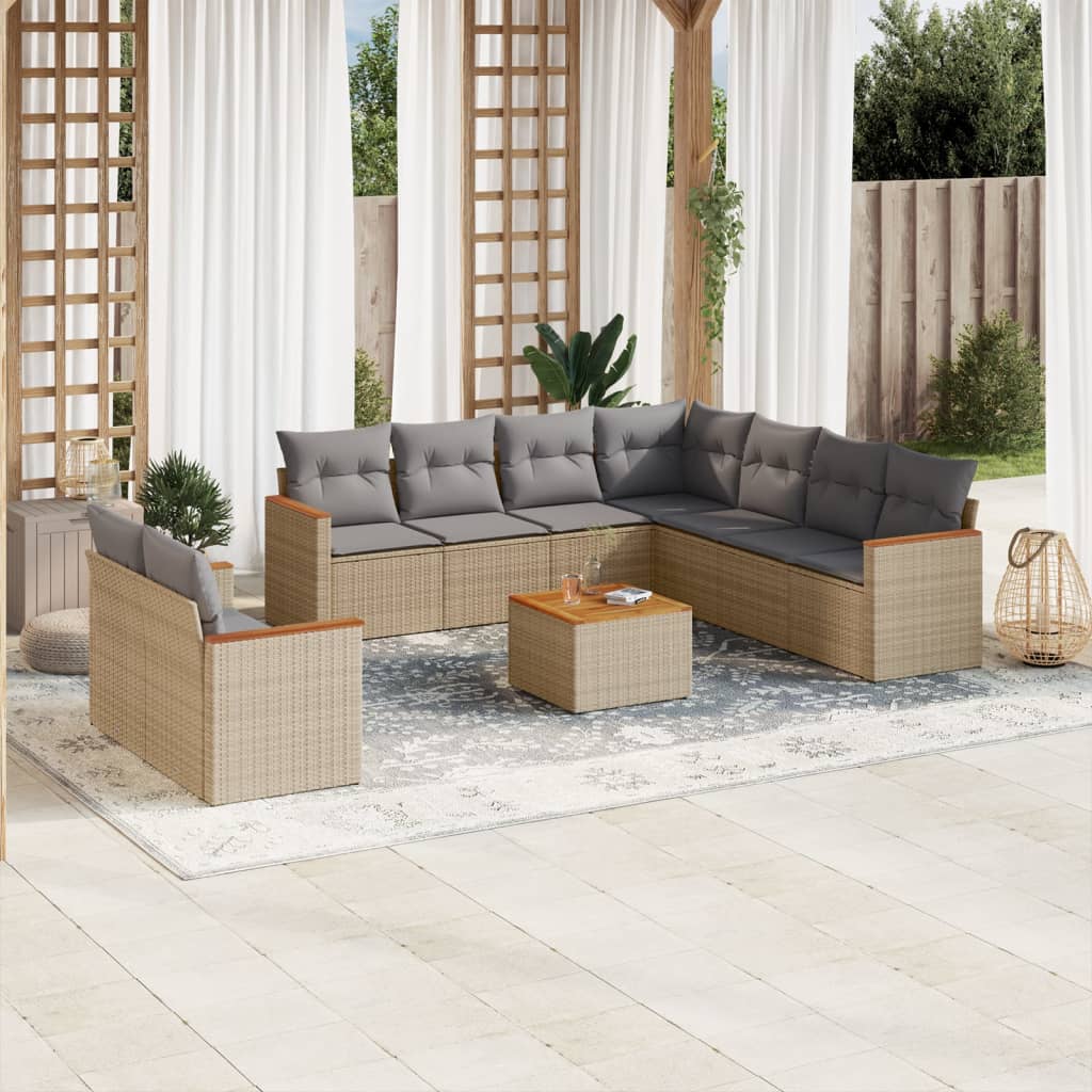 10-tlg. Garten-Sofagarnitur mit Kissen Beige Poly Rattan - Pazzar.ch