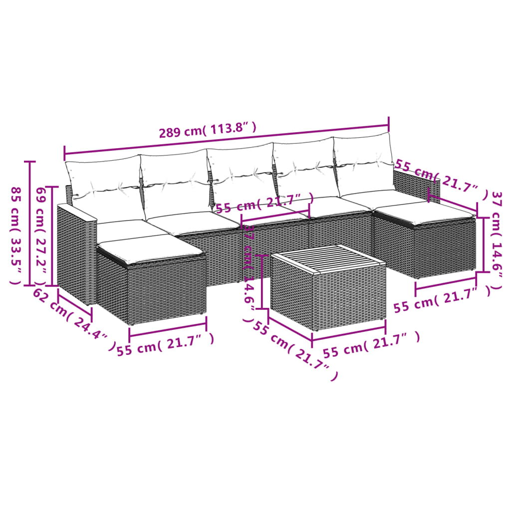 8-tlg. Garten-Sofagarnitur mit Kissen Grau Poly Rattan - Pazzar.ch