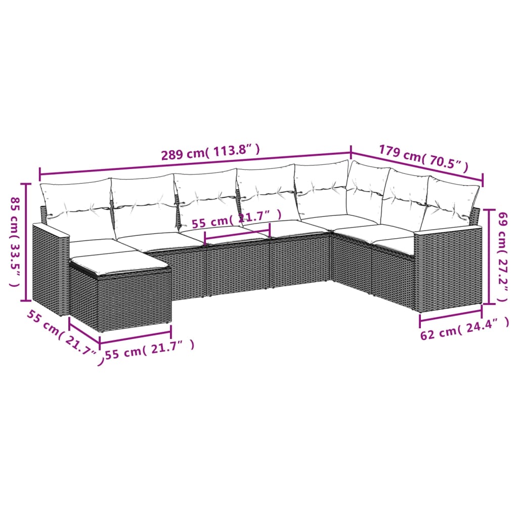8-tlg. Garten-Sofagarnitur mit Kissen Grau Poly Rattan - Pazzar.ch