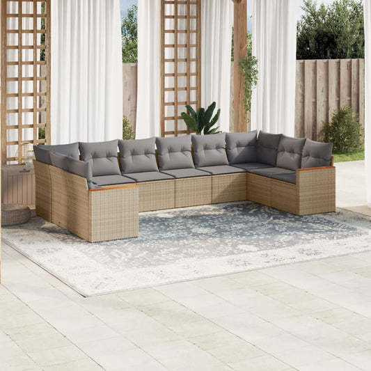 10-tlg. Garten-Sofagarnitur mit Kissen Beige Poly Rattan - Pazzar.ch