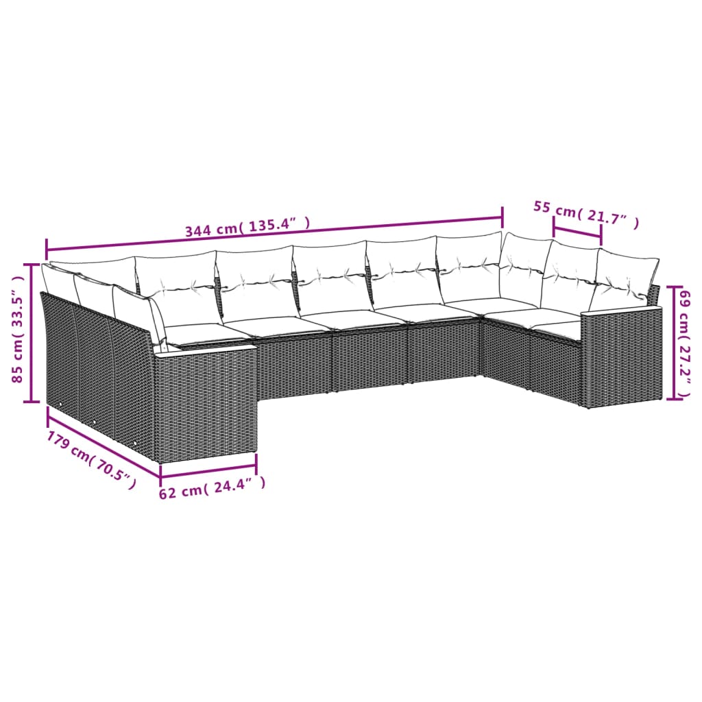 10-tlg. Garten-Sofagarnitur mit Kissen Grau Poly Rattan - Pazzar.ch