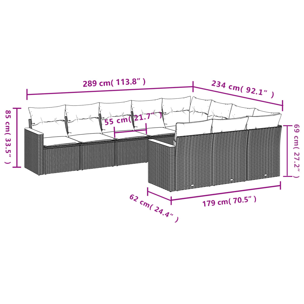 10-tlg. Garten-Sofagarnitur mit Kissen Grau Poly Rattan - Pazzar.ch