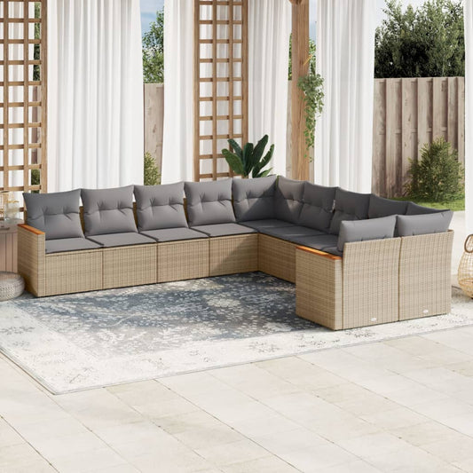 10-tlg. Garten-Sofagarnitur mit Kissen Beige Poly Rattan - Pazzar.ch