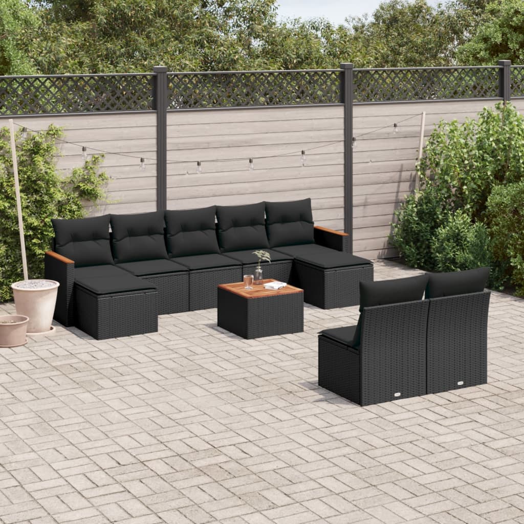 10-tlg. Garten-Sofagarnitur mit Kissen Schwarz Poly Rattan - Pazzar.ch