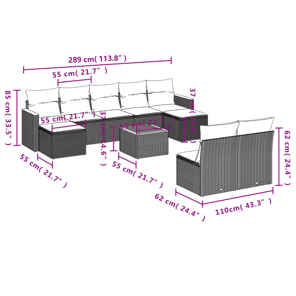 10-tlg. Garten-Sofagarnitur mit Kissen Grau Poly Rattan - Pazzar.ch