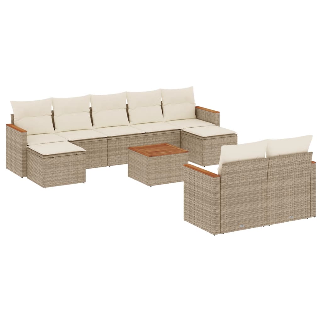 10-tlg. Garten-Sofagarnitur mit Kissen Beige Poly Rattan