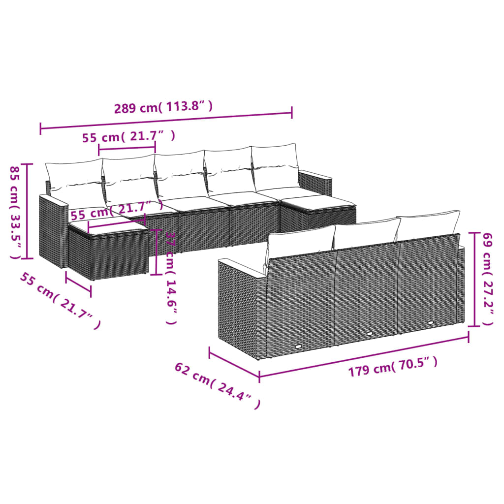 10-tlg. Garten-Sofagarnitur mit Kissen Schwarz Poly Rattan - Pazzar.ch