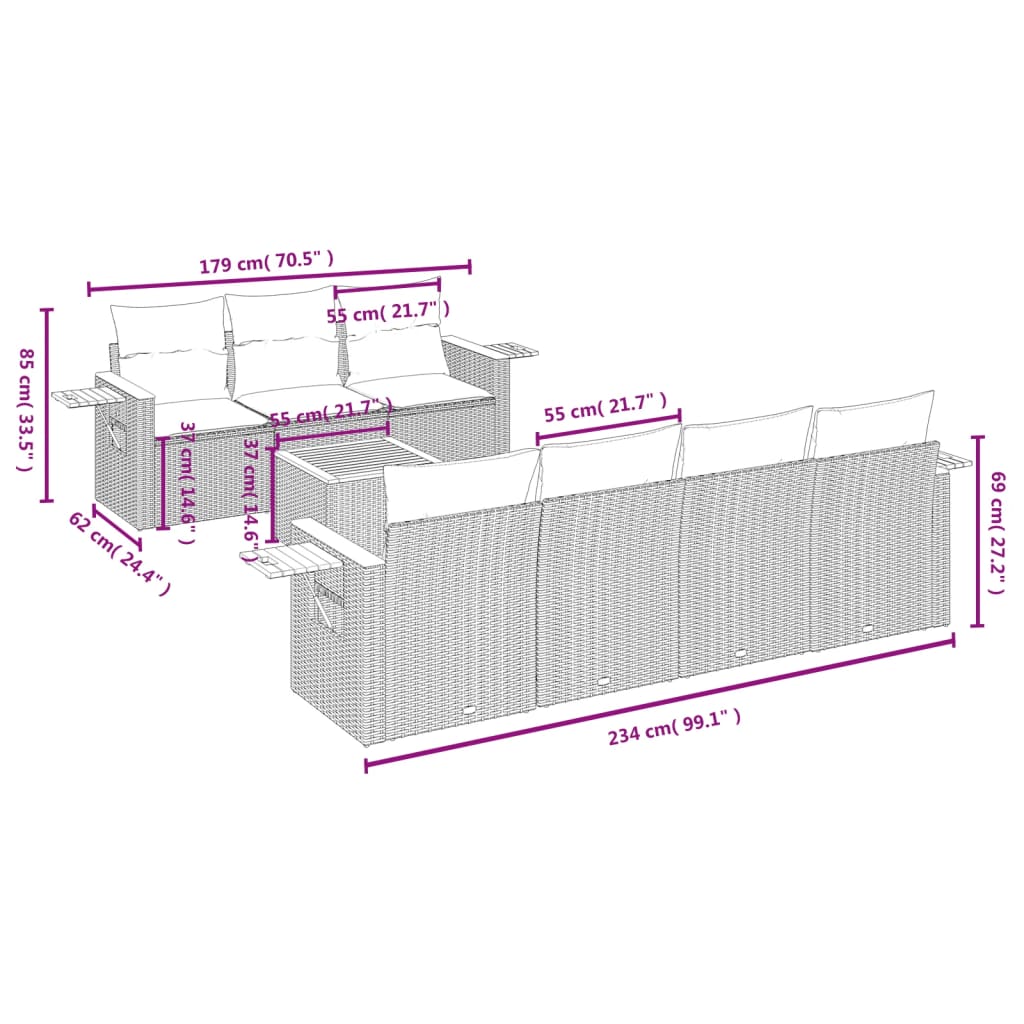 8-tlg. Garten-Sofagarnitur mit Kissen Grau Poly Rattan