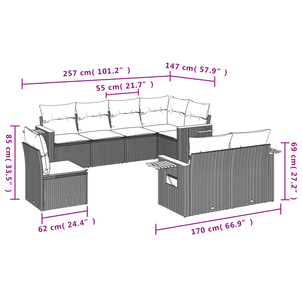 8-tlg. Garten-Sofagarnitur mit Kissen Grau Poly Rattan - Pazzar.ch