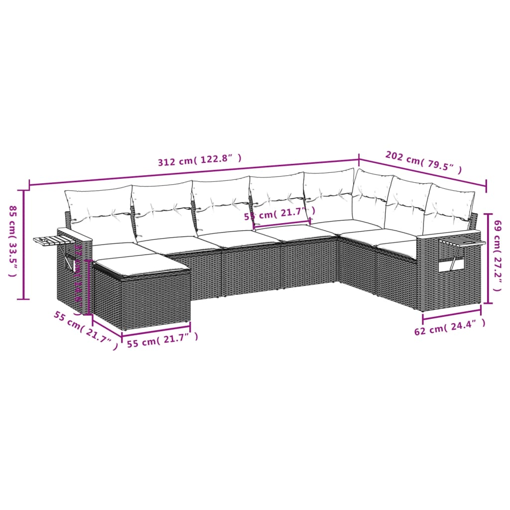 8-tlg. Garten-Sofagarnitur mit Kissen Grau Poly Rattan - Pazzar.ch